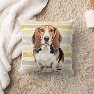 Almofada Arte de Basset Hound em Aquarela com Linhas Pontil