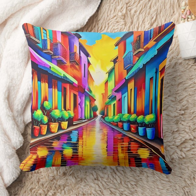 Almofada Arte de Cena de Rua Colorida (Cobertor)