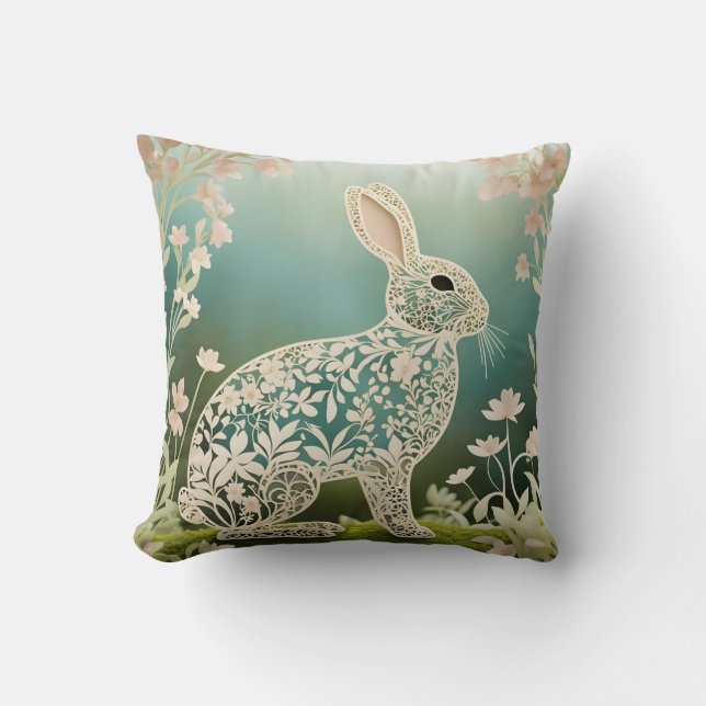 Almofada Arte de coelho floral branco de primavera (Frente)