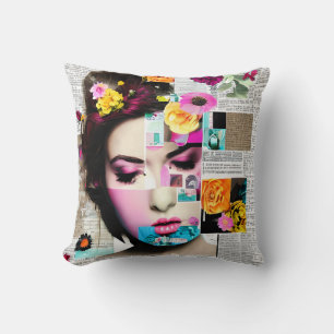 Almofada Arte de Colagem de Papel Floral Vintage Lady