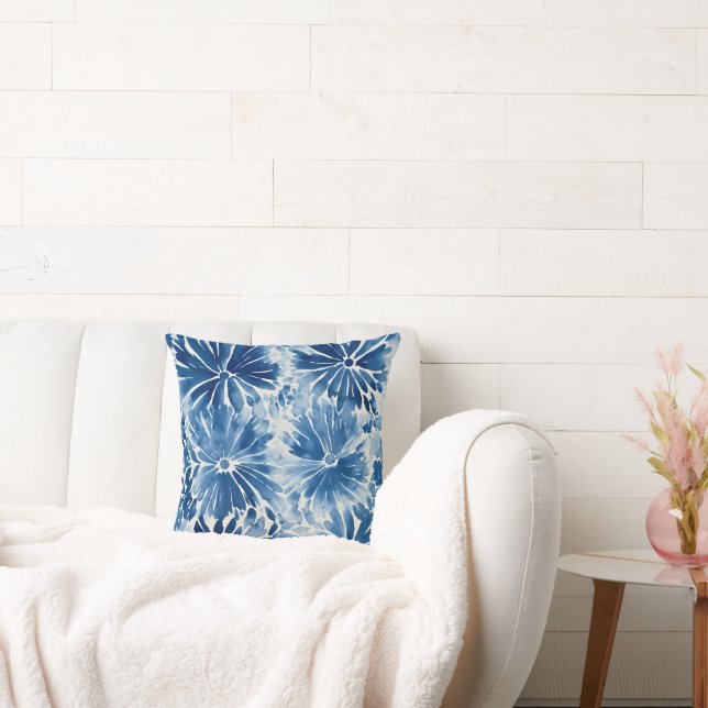 Almofada Arte de Flor Azul e Branco Abstrata Personalizada (Sofá)