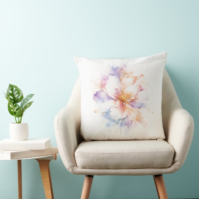 Almofada Arte de Flor de Aquarela Pastel com Acentos Dourad (Cadeira)