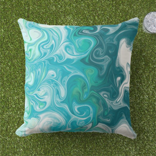 Almofada Arte de Fluido Digital de Ondas Azuis e Verdes (Grama)