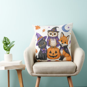 Almofada Arte de Gato Preto Coruja Raposa Abóbora de Bruxa