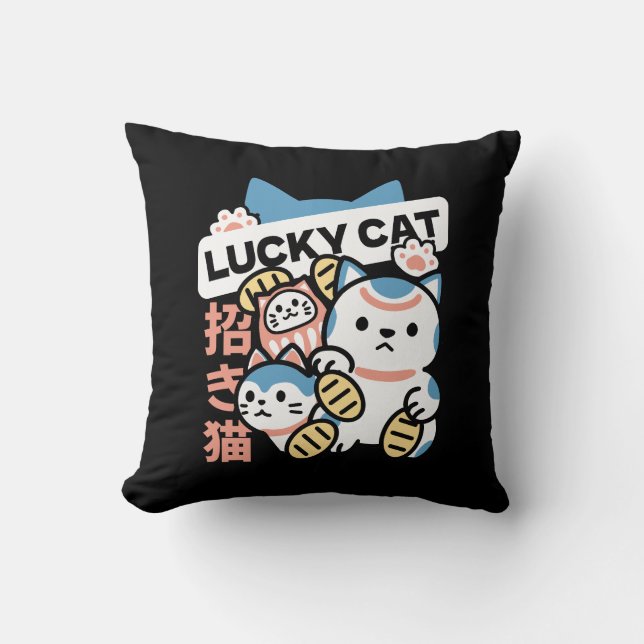 Almofada Arte de Gato Sortudo – Maneki Neko com Moeda de Ou (Frente)