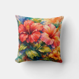 Almofada Arte de Hibisco em Estilo Aquarela Floral Colorida