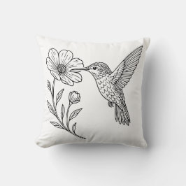Almofada Arte de linha detalhada de beija-flor com flor sil