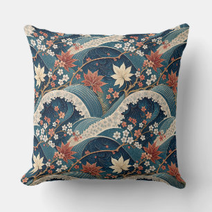 Almofada Arte de Padrão Floral de Onda Japonesa e Flor de C