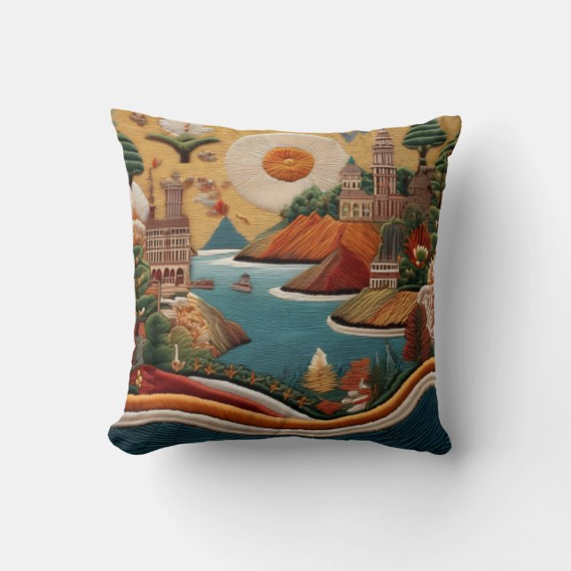 Almofada Arte de Paisagem de Estilo Bordado Vibrante (Frente)