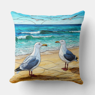 Almofada Arte de Vidro Pintado de Gaivotas numa Praia