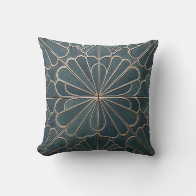 Almofada Arte Deco Geométrico em Verde Azul e Dourado com P (Frente)