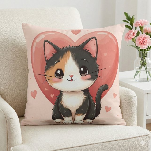 Almofada Arte do Namorados Kawaii, Cute Calico (Kawaii Calico Cat Heart Valentine Design 2 Throw Pillow Mockup A )