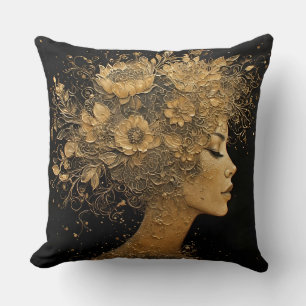 Almofada Arte Dourada Elegante de Perfil de Mulher
