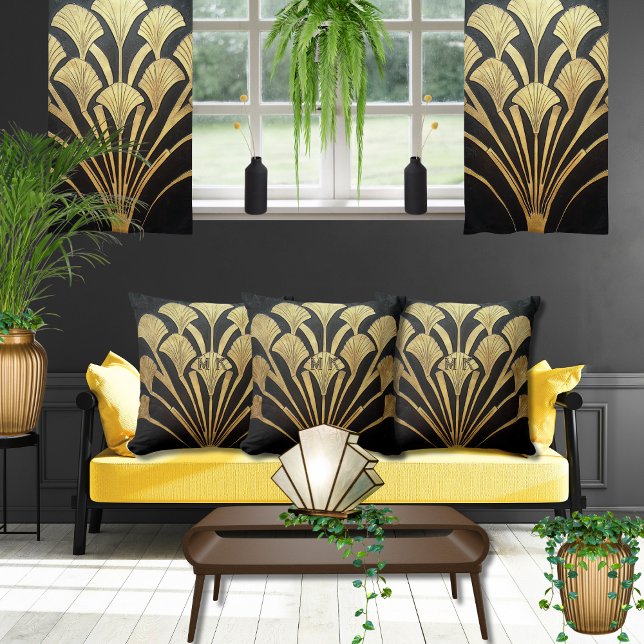 Almofada Arte Dourada Negra Deco Egípcio Estilado 16 x 16 A (Custom family or business initials or monogram on sophisticated comfortable Art Deco accent pillows)