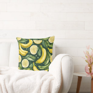 Almofada Arte em Aquarela de Bananas Frescas e Fatias de Li