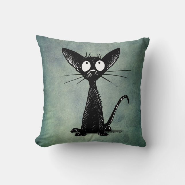 Almofada Arte engraçada do gato preto em um verde azul do (Frente)