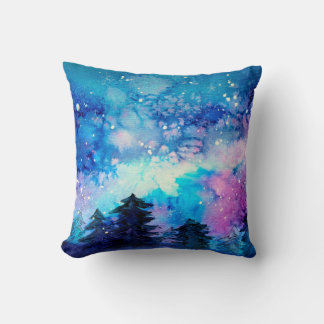 Almofada Arte espacial em aquarela com céu noturno e árvore