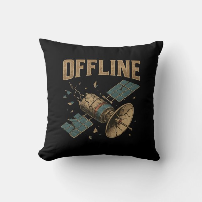 Almofada Arte Espacial "OFFLINE" de Satélite Quebrado Retro (Frente)