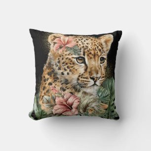 Almofada Arte Floral de Animais Bebês da Selva em Aquarela