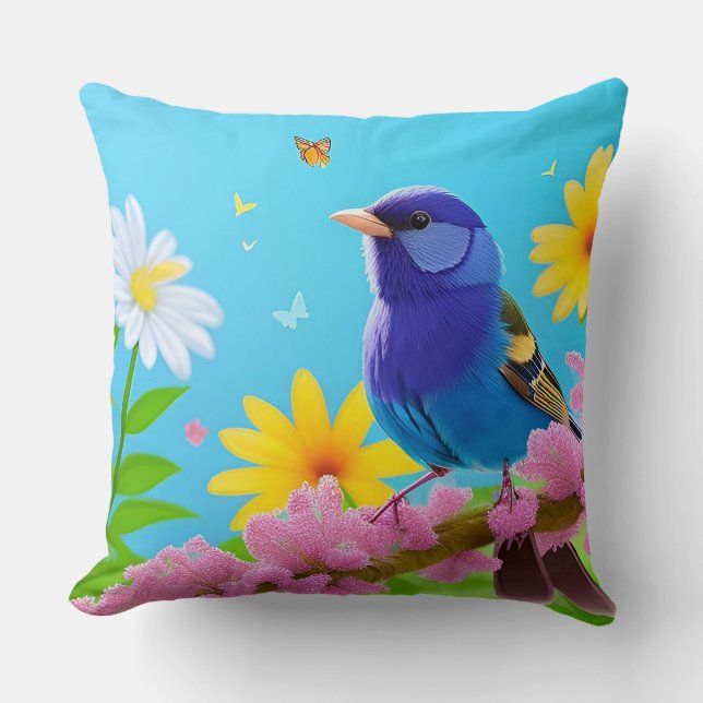 Almofada Arte Floral de Chapim-azul Para Presente de Amante (Frente)