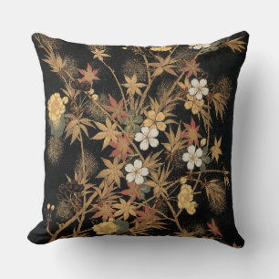 Almofada Arte Floral Outonal em Preto Dourado Japonês Vinta