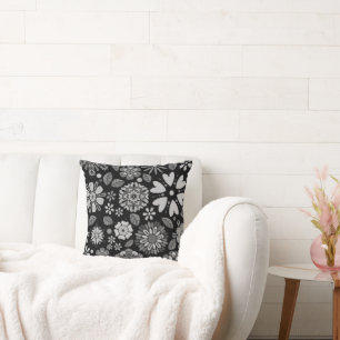 Almofada Arte Floral Retro Preto e Cinza Padrão Sem Costura