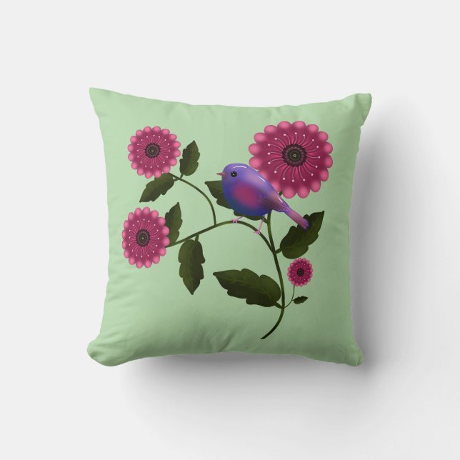 Almofada Arte Floral Vibrante de Primavera com Pássaro Roxo (Frente)