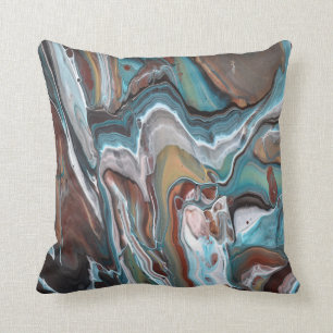 Almofada Arte Fluida Abstrata de Geodo de Ágata Azul Marrom