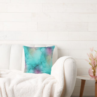 Almofada Arte Fluido Mármore Aquarela Azul Turquesa Roxo