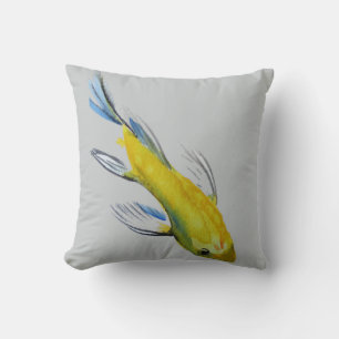 Almofada Arte japonesa amarela dos peixes do watercolour de