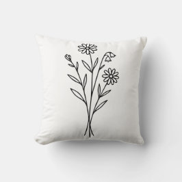 Almofada Arte Linear de Buquê Botânico de Flores Silvestres