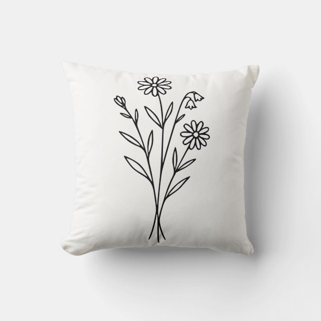 Almofada Arte Linear de Buquê Botânico de Flores Silvestres (Frente)