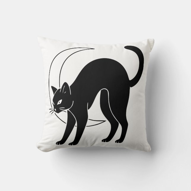 Almofada Arte Linear de Gato Preto e Lua Crescente (Frente)