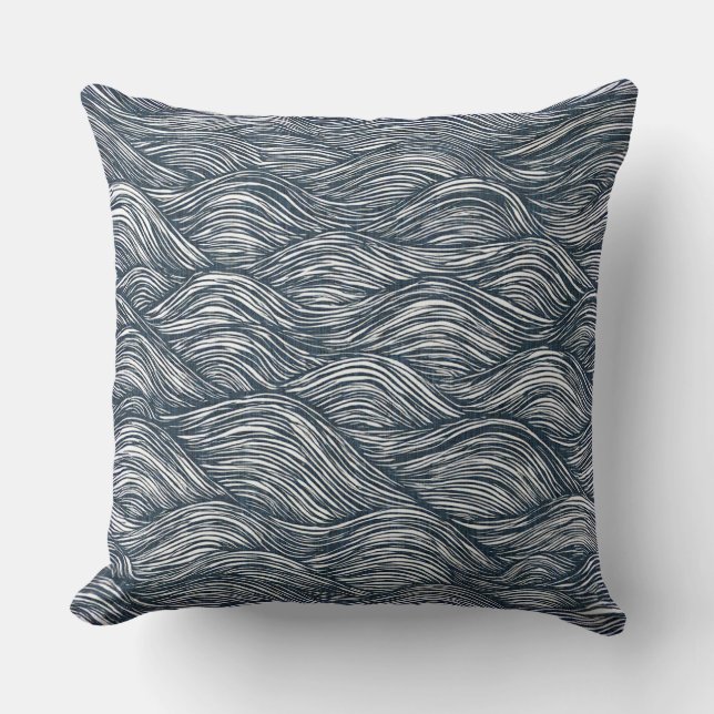 Almofada Arte linear de ondas em índigo (Frente)