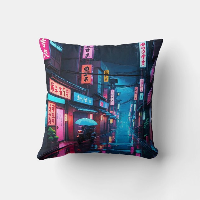 Almofada Arte LoFi da Rua de Tóquio à Noite  (Verso)