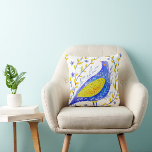 Almofada Arte Moderna de Pássaro Azul e Amarelo em Aquarela