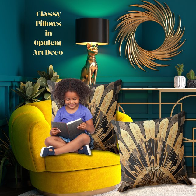 Almofada Arte Moderna Deco Dourado Black Sunburst Motif 20  (Personalized Art Deco sunburst motif throw pillows with your personal or business initials/monogram)