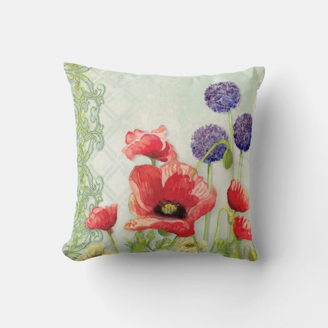 Almofada Arte Moderna Nouveau Vermelho Poppy Roxo Arte Geom (Frente)