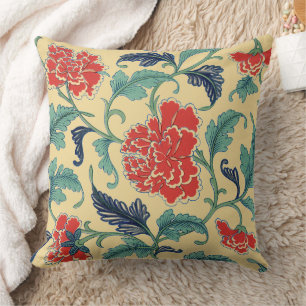 Almofada Arte Nova Antiga Chinoiserie Floral Vermelho Chinê
