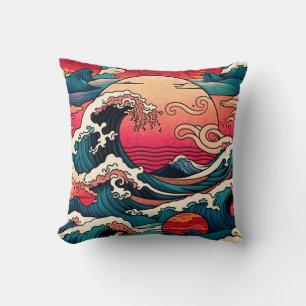 Almofada Arte Onda Japonesa Red Sunset Ocean
