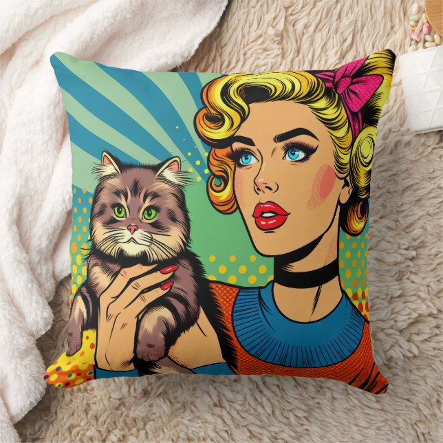 Almofada Arte Pop Comic Cartoon Mulheres Segurando Gato (Cobertor)