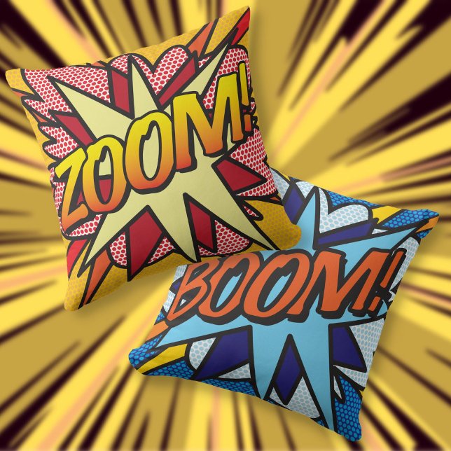 Almofada Arte Pop de Quadrinhos BOOM ZOOM Moderno (Modern BOOM ZOOM Comic Book Pop Art Throw Pillow)
