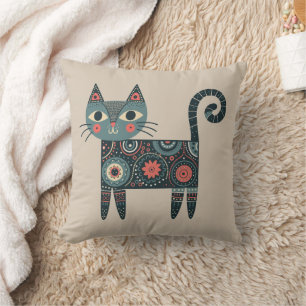 Almofada Arte Popular Caprichosa Gato Boho Retro Bege 