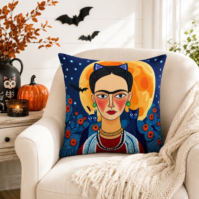 Almofada Arte Popular Inspirada em Frida Gato Preto Lua Che (Criador carregado)