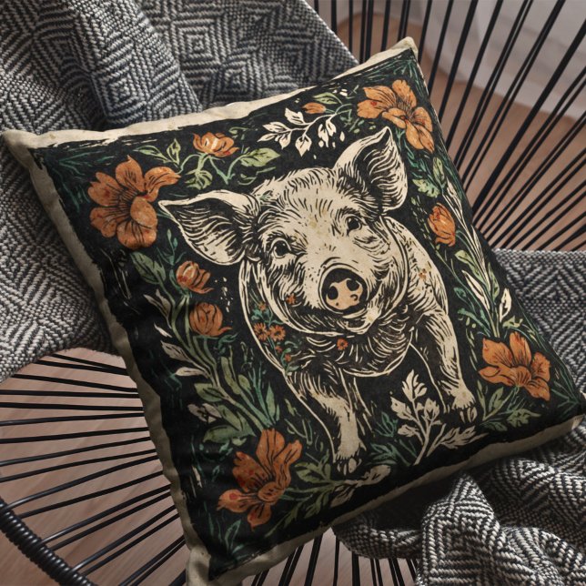 Almofada Arte Russa Nouveau Farmhouse Pig Sotaque Floral (Criador carregado)