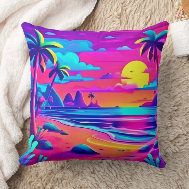 Almofada Arte Sunset de Neon Beach tropical (Cobertor)