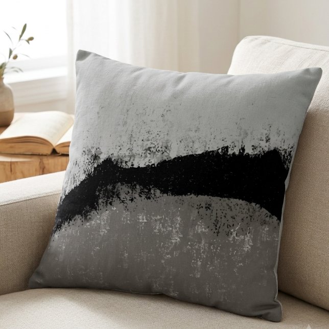 Almofada Arte Texturizada Moderna Abstrata Preta e Cinza (A modern abstract art throw pillow for a stylish homeowner refreshing their living room decor.)