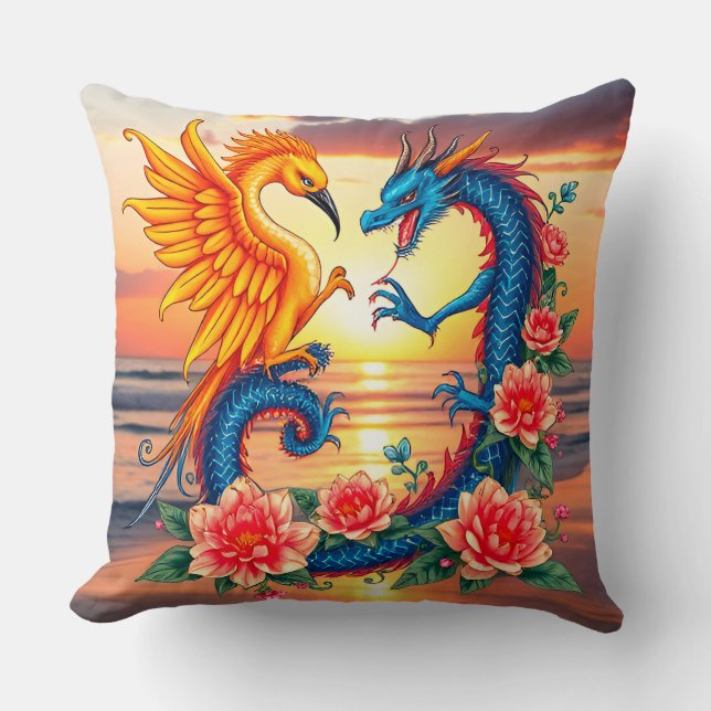 Almofada Arte vibrante do Dragão e Fênix com Flor (Frente)