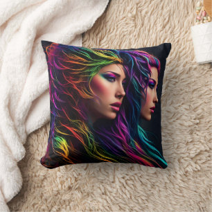 Almofada Artista Vibrante Do Cabelo Arco-Íris Com Dois Retr