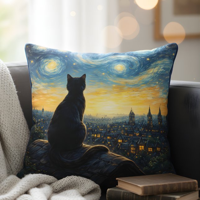 Almofada Artistic Black Cat & Celestial Town Decorative  (Criador carregado)